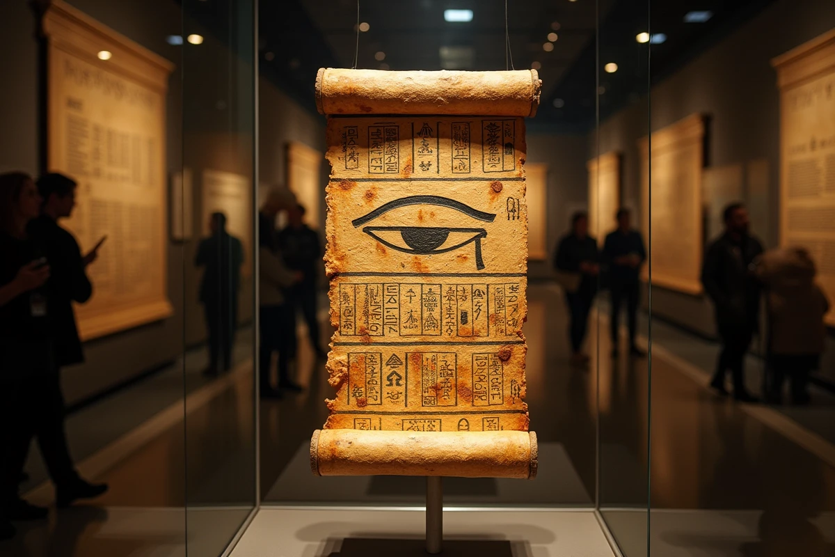 Fragment de papyrus égyptien ancien avec l'œil de Wadjet peint en hiéroglyphes, exposé dans un musée illustrant la signification historique de l'œil égyptien