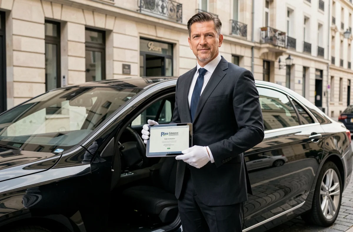 Chauffeur VTC de Pickmecab en costume sombre tenant une tablette de confirmation de course devant une berline noire à Tours