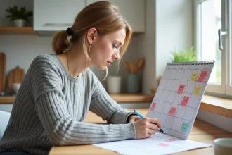 Femme planifiant ses vacances 2026 avec un calendrier papier annoté sur une table en bois dans une cuisine moderne