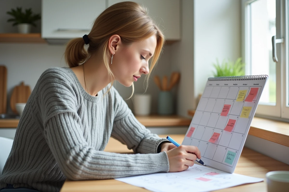 Femme planifiant ses vacances 2026 avec un calendrier papier annoté sur une table en bois dans une cuisine moderne