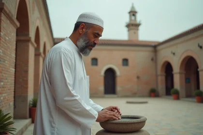 Homme en djellaba blanche effectuant ses ablutions avant la prière dans une mosquée de Valenciennes