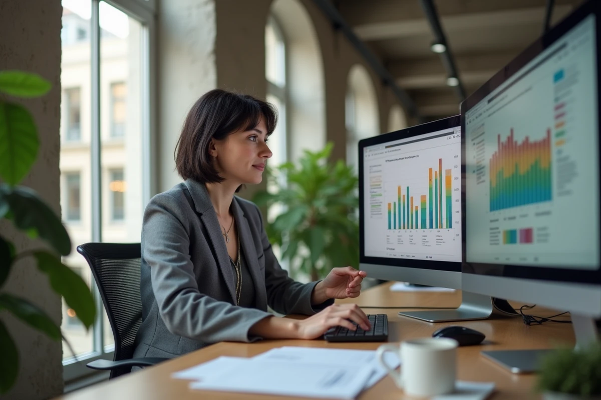 Professionnelle française utilisant une plateforme numérique de transition énergétique dans un bureau parisien moderne