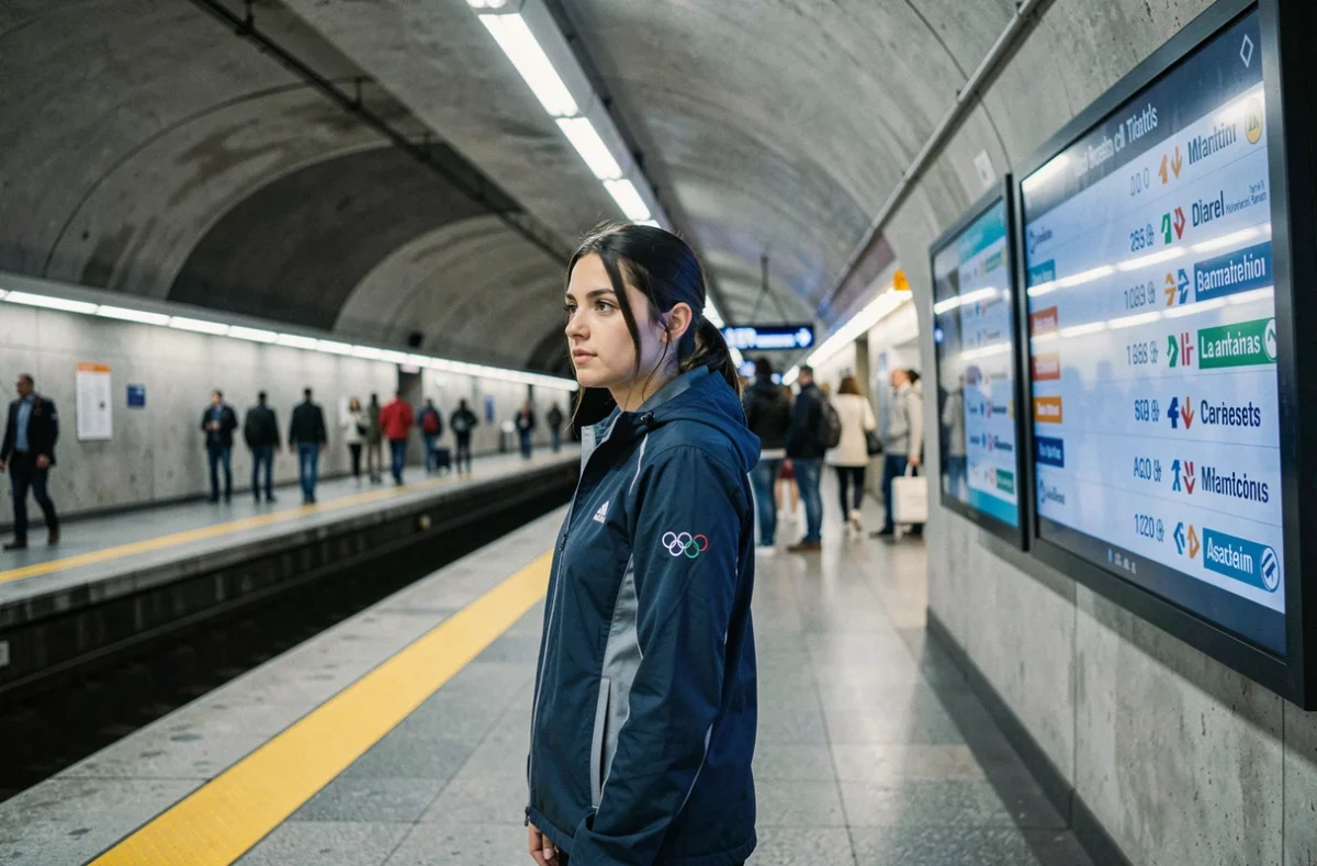 Jeune femme sur un quai du métro parisien regardant les destinations affichées pour les Jeux Olympiques 2026