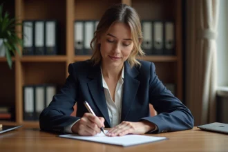 Femme professionnelle rédigeant une lettre administrative formelle à la main avec un stylo plume dans un bureau ordonné