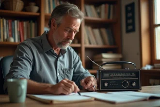 Homme ajustant la fréquence d'une radio FM analogique vintage dans un bureau à domicile