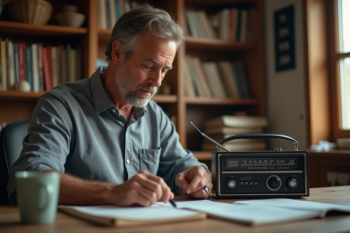Homme ajustant la fréquence d'une radio FM analogique vintage dans un bureau à domicile