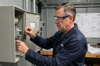 Électricien réglant un relais temporisé dans un tableau électrique industriel ouvert