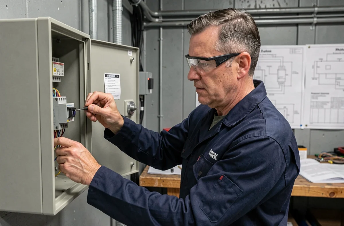 Électricien réglant un relais temporisé dans un tableau électrique industriel ouvert