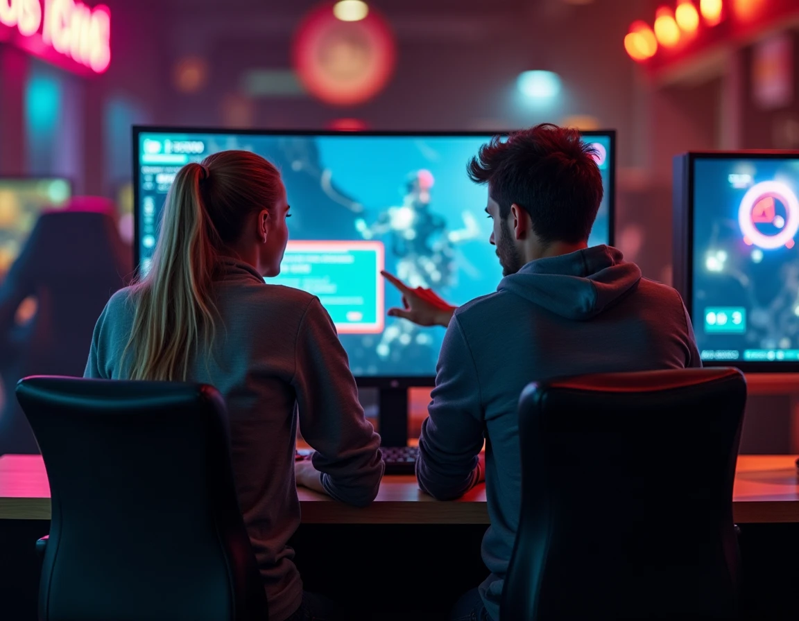 Deux joueurs analysant les réglages d'un jeu sur écran incurvé dans un café gaming pour réduire le lag