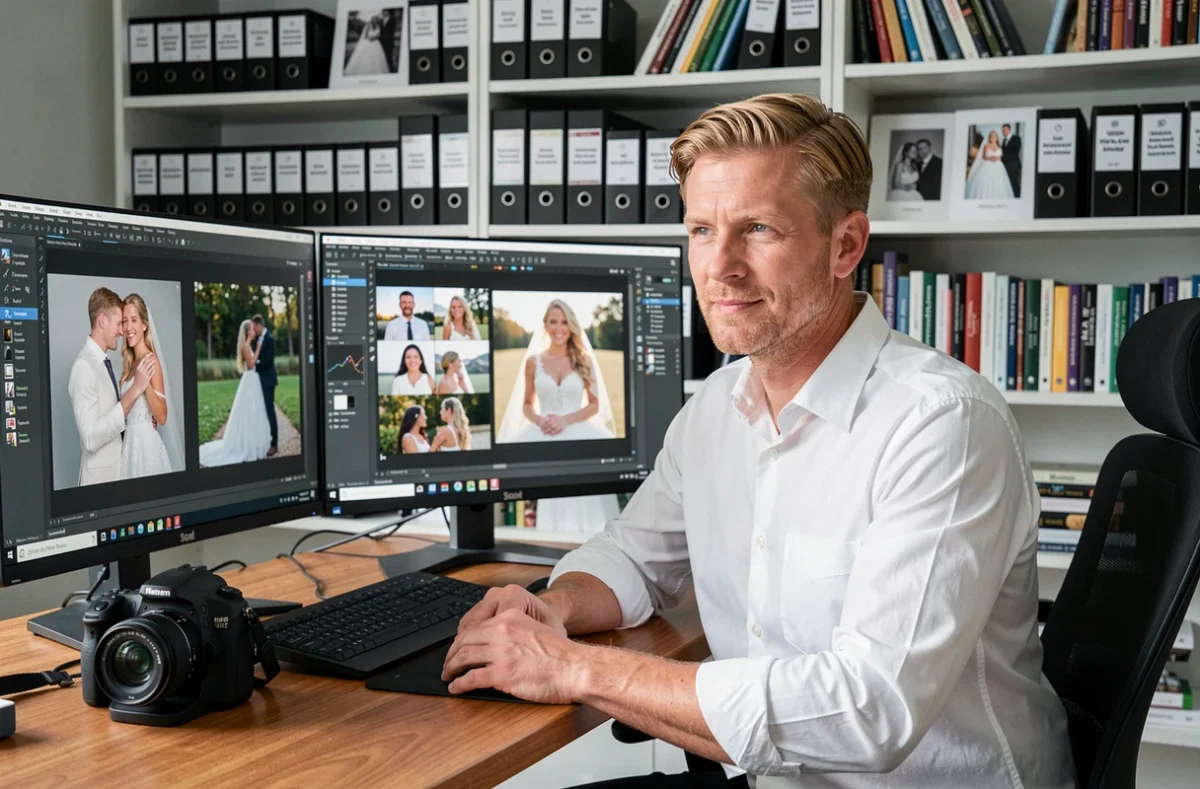 Photographe homme aux cheveux blonds retouchant des photos de mariage sur un poste de travail double écran avec photobooks sur des étagères derrière lui