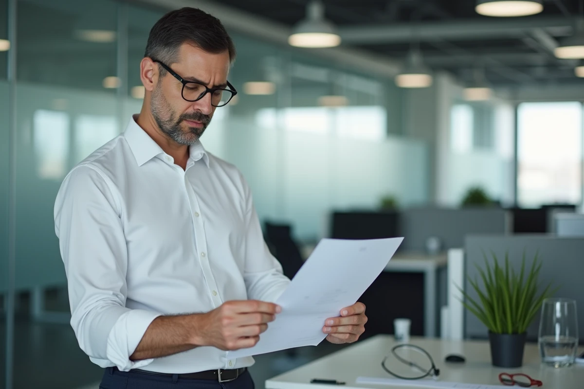 Homme d'affaires relisant attentivement une lettre administrative imprimée dans un bureau moderne en open space