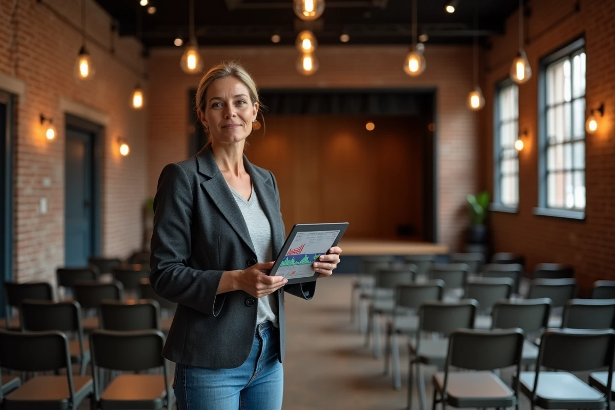 Responsable de salle consultant un simulateur de conformité sonore sur tablette dans une salle de concert vide