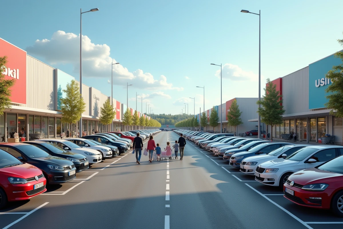 Parking d'un retail park à Montpellier avec des enseignes ouvertes le dimanche et des familles qui font leurs courses