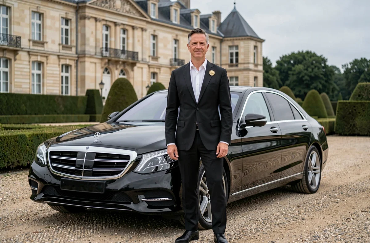 Chauffeur élégant de Royal Connection en costume formel devant une berline Mercedes noire et un manoir français