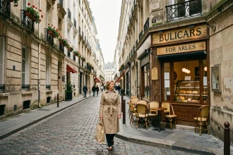 Rue pavée d'un faubourg historique parisien avec immeubles haussmanniens, boulangerie et passante en imperméable beige