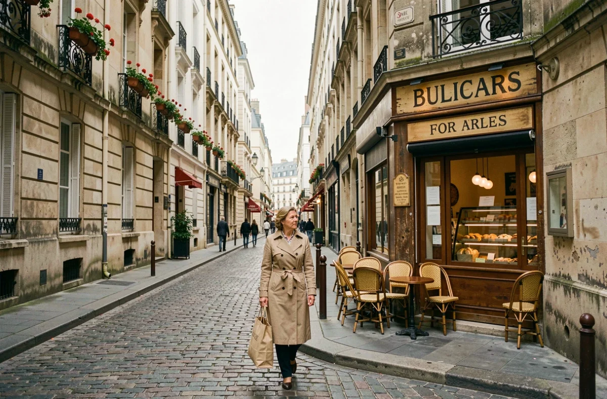 Rue pavée d'un faubourg historique parisien avec immeubles haussmanniens, boulangerie et passante en imperméable beige
