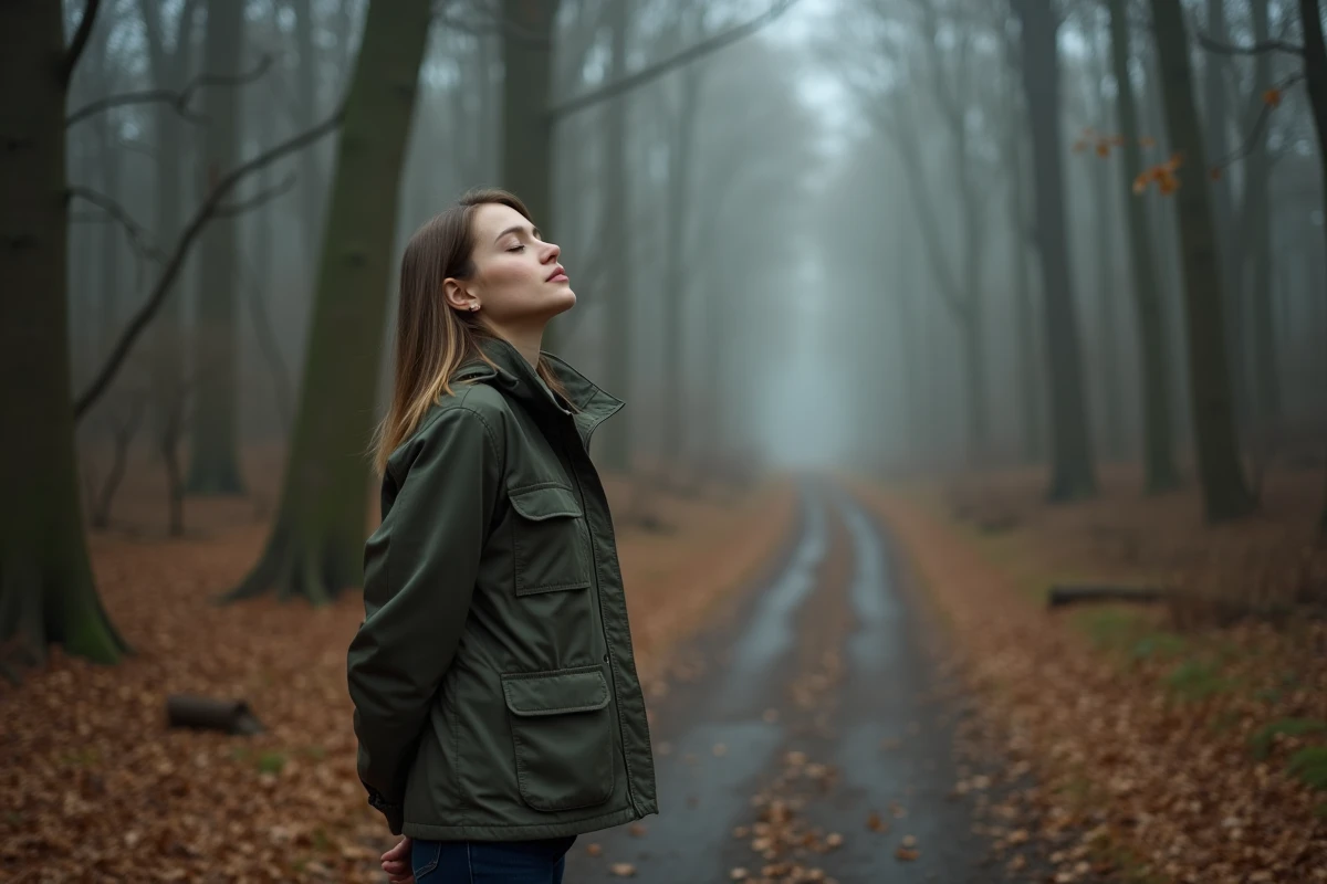 Femme debout au bord d'un sentier forestier brumeux en automne illustrant la philosophie schopenhauérienne sur la résignation et l'acceptation