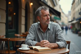 Homme pensif attablé seul dans un café parisien illustrant la philosophie de Schopenhauer sur la solitude et la réflexion intérieure