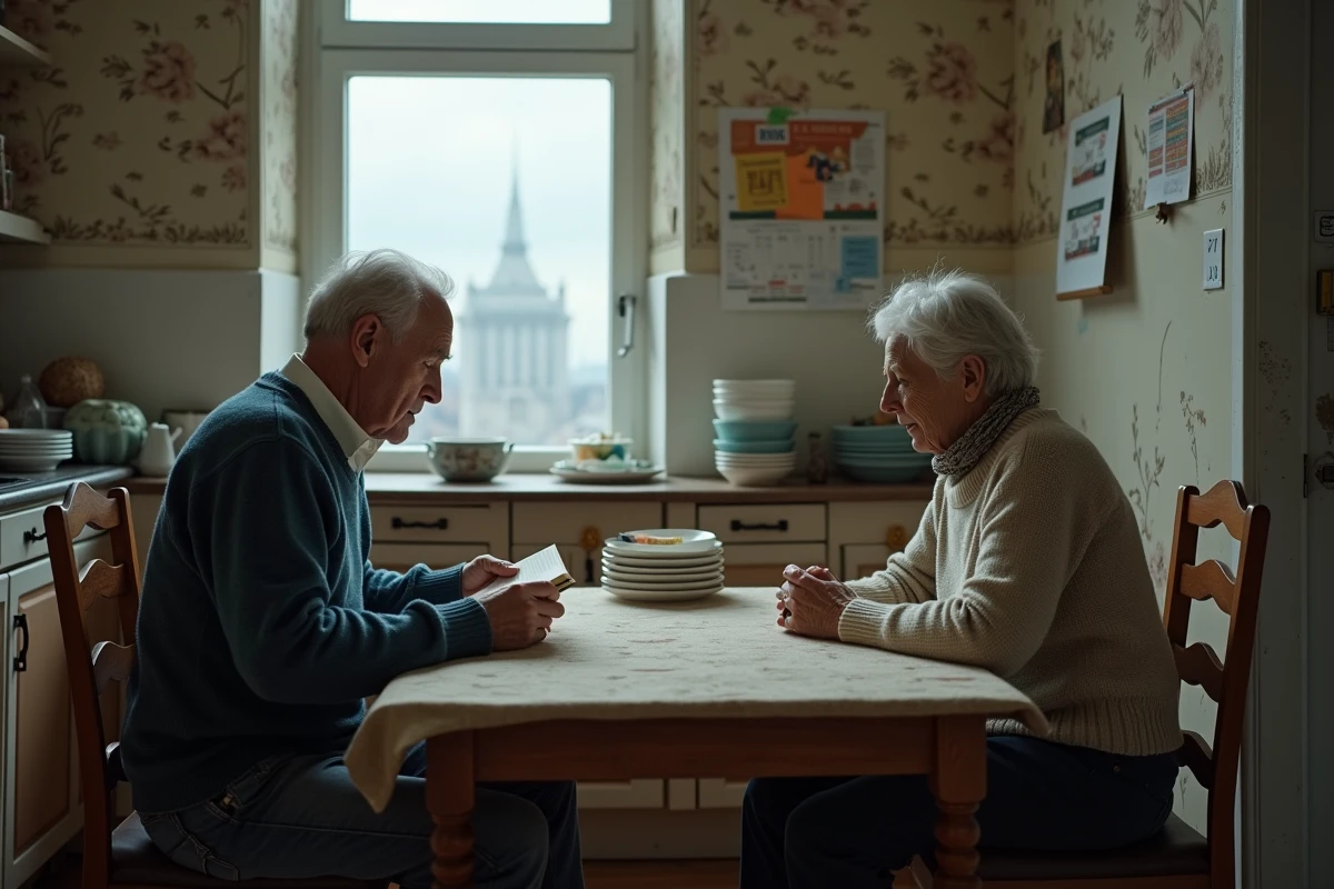 Couple silencieux assis à une table de cuisine illustrant la philosophie de Schopenhauer sur la souffrance et l'ennui dans la vie quotidienne