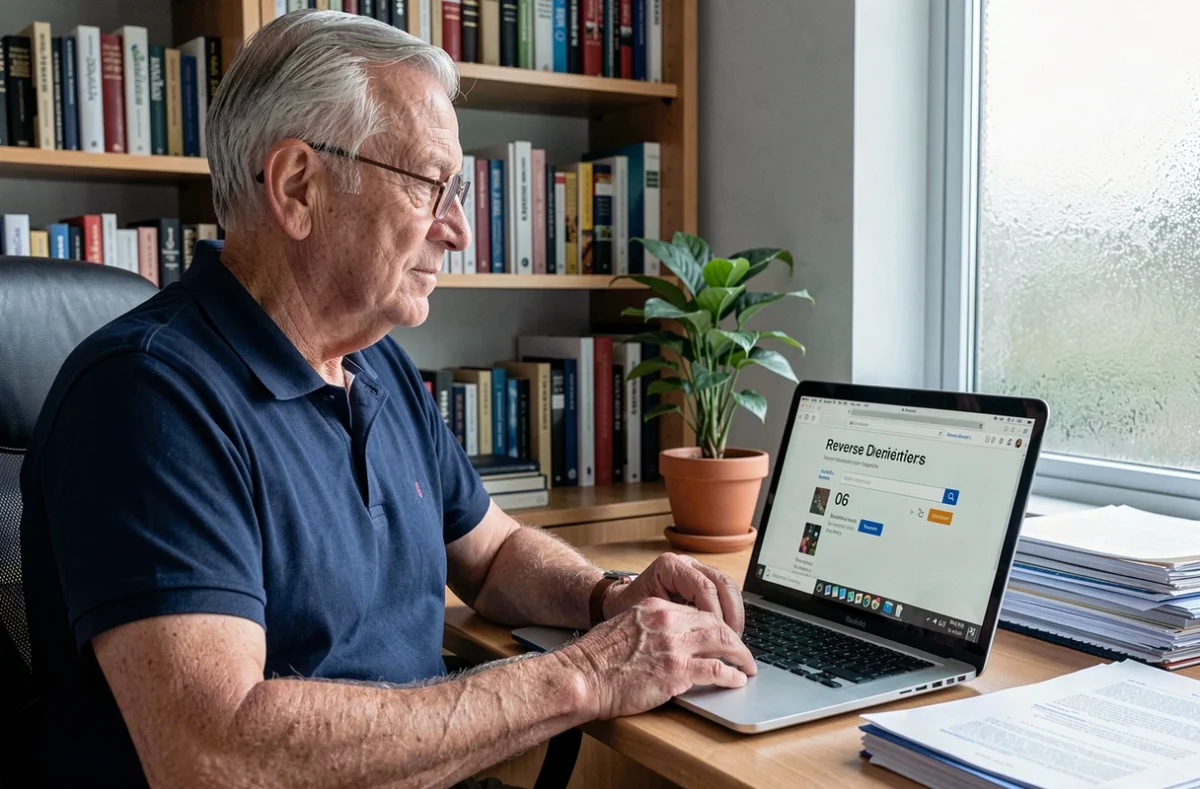 Homme senior utilisant un ordinateur portable pour effectuer une recherche sur un annuaire inversé gratuit afin de bloquer un numéro de téléphone mobile 06 suspect