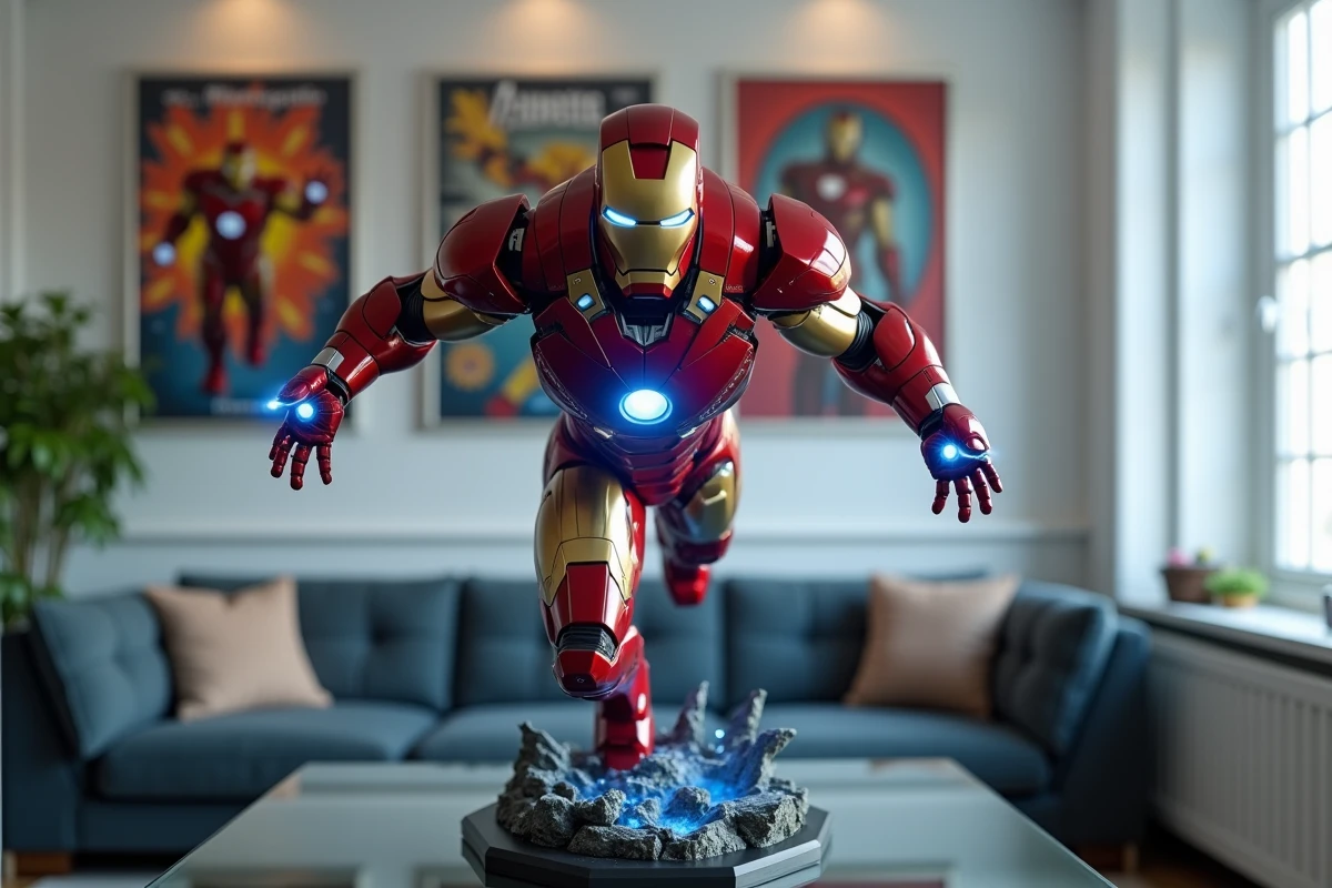 Statue collector Iron Man Mark III en pose de vol sur socle en verre dans une salle de collection Marvel moderne
