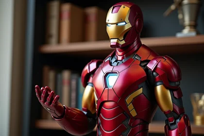 Statue Iron Man Tony Stark en armure rouge et or posée sur une étagère en bois sombre avec détails de peinture finement sculptés