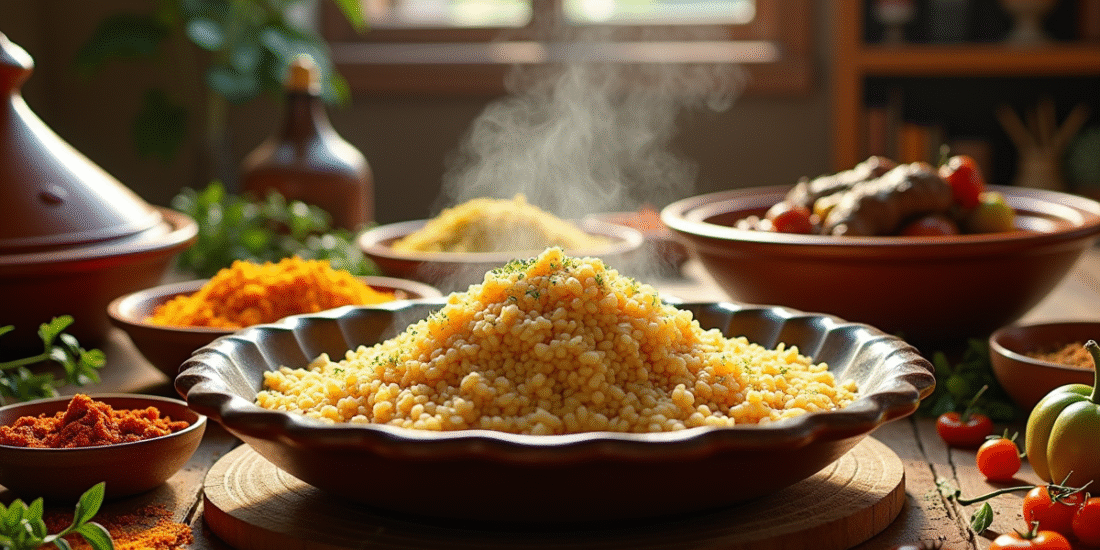 Table traditionnelle nord-africaine avec couscous et légumes colorés