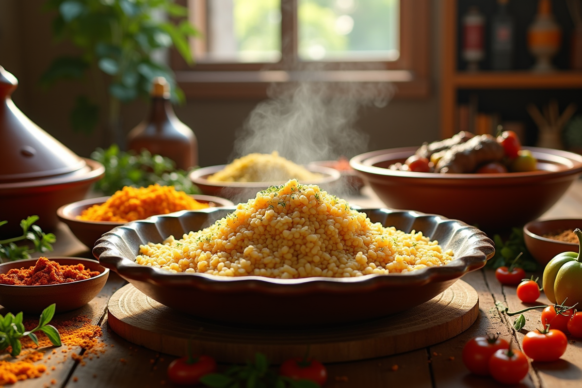 Table traditionnelle nord-africaine avec couscous et légumes colorés