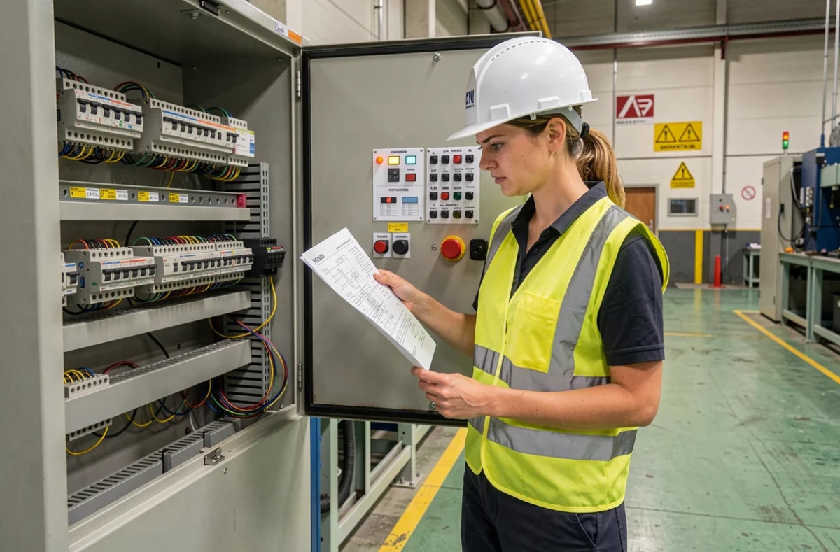 Technicienne en automatisme vérifiant le câblage d'un relais temporisé dans une armoire industrielle
