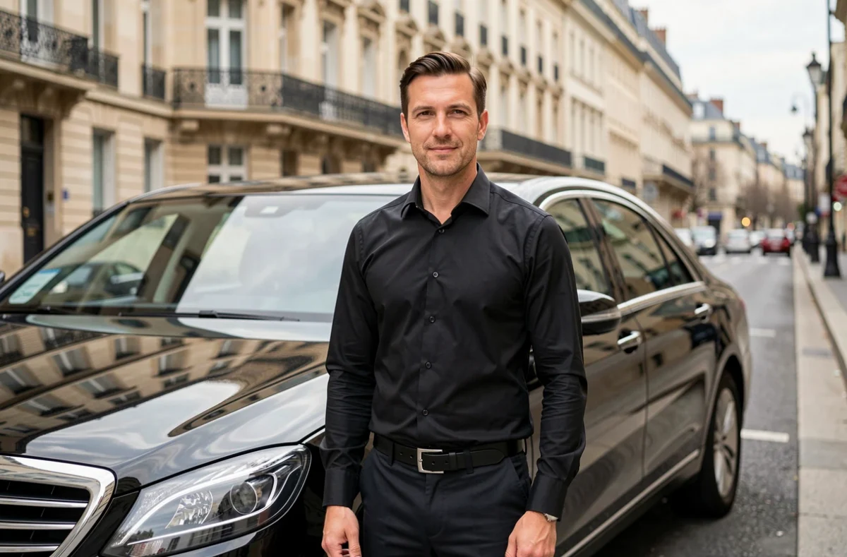 Chauffeur VTC de Transfert VTC Tours en uniforme noir devant une berline noire sur un boulevard de Tours