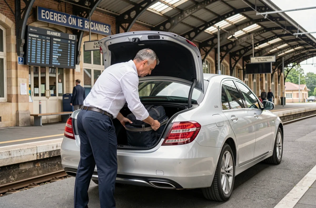 Chauffeur Transpers chargeant des bagages dans une berline argentée devant une gare ferroviaire en Centre-Val de Loire