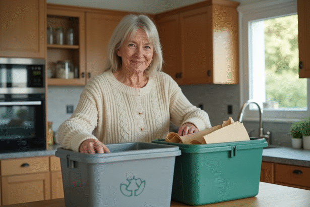 Femme triant des déchets dans une cuisine moderne