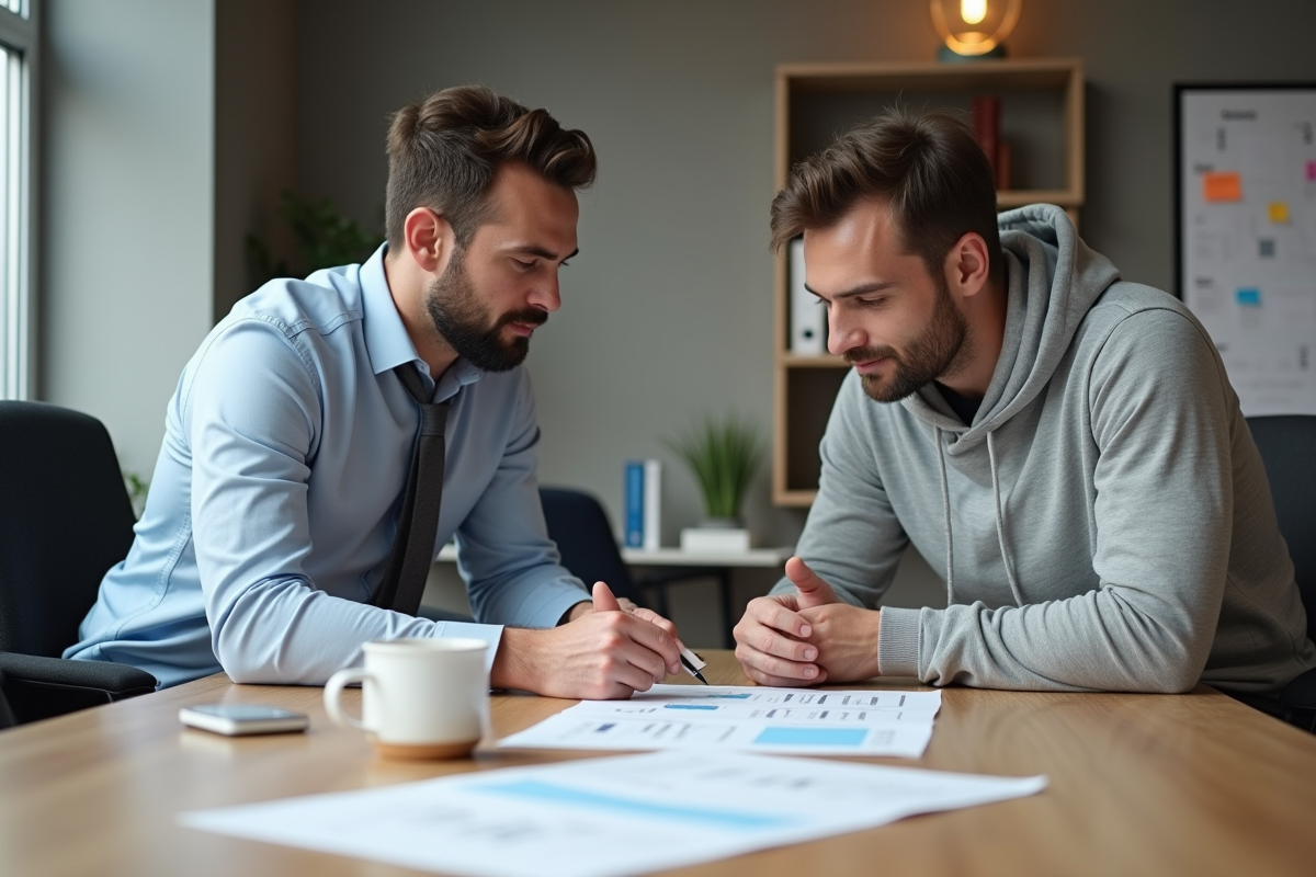 Deux spécialistes UX discutant autour de wireframes