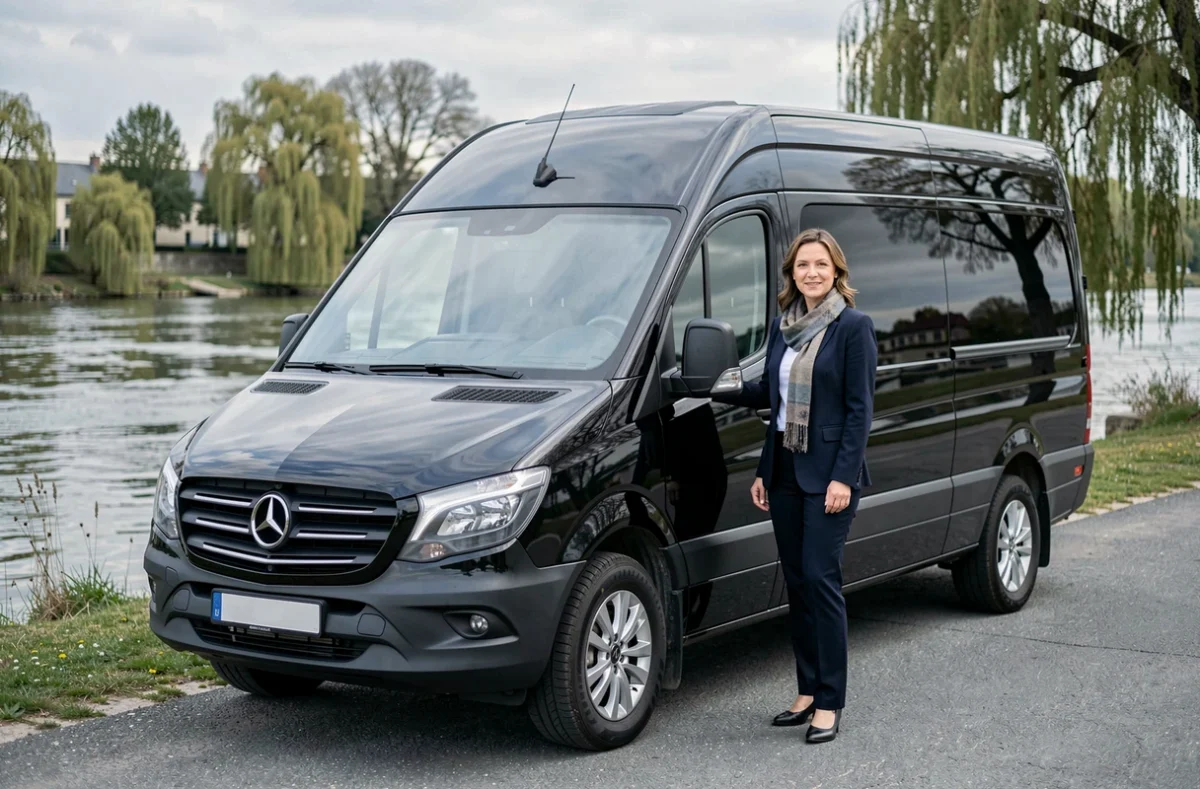 Chauffeuse de Van Loire Experience en blazer sombre debout près d'un van noir premium au bord de la Loire