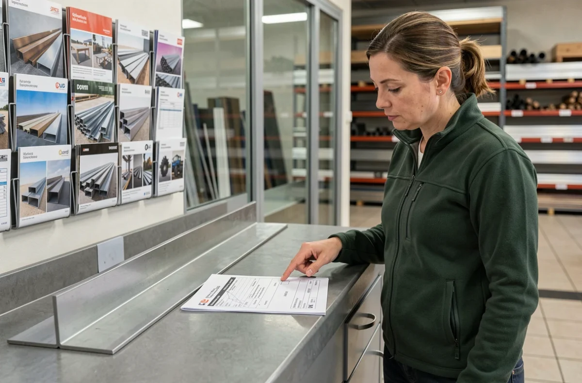 Femme vérifiant les spécifications d'une cornière en L acier sur mesure au comptoir d'un fournisseur