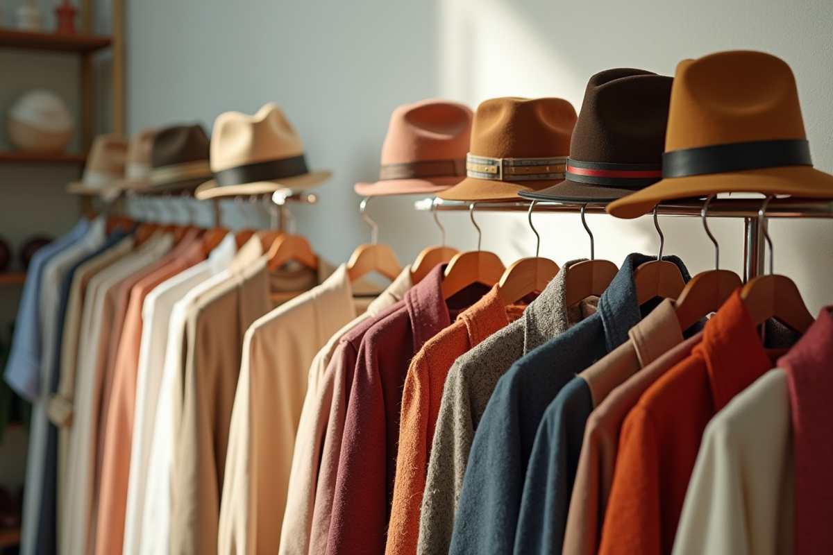 Vitrine avec chapeaux ceintures et foulards colorés dans une boutique lumineuse