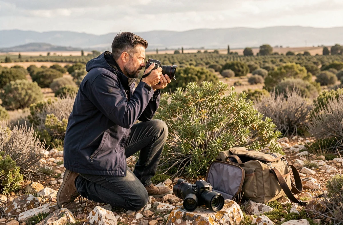 Photographe homme en veste marine accroupi dans la garrigue près de Montpellier, photographiant un paysage méditerranéen sauvage