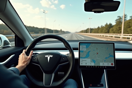 Tesla en conduite autonome sur une autoroute moderne