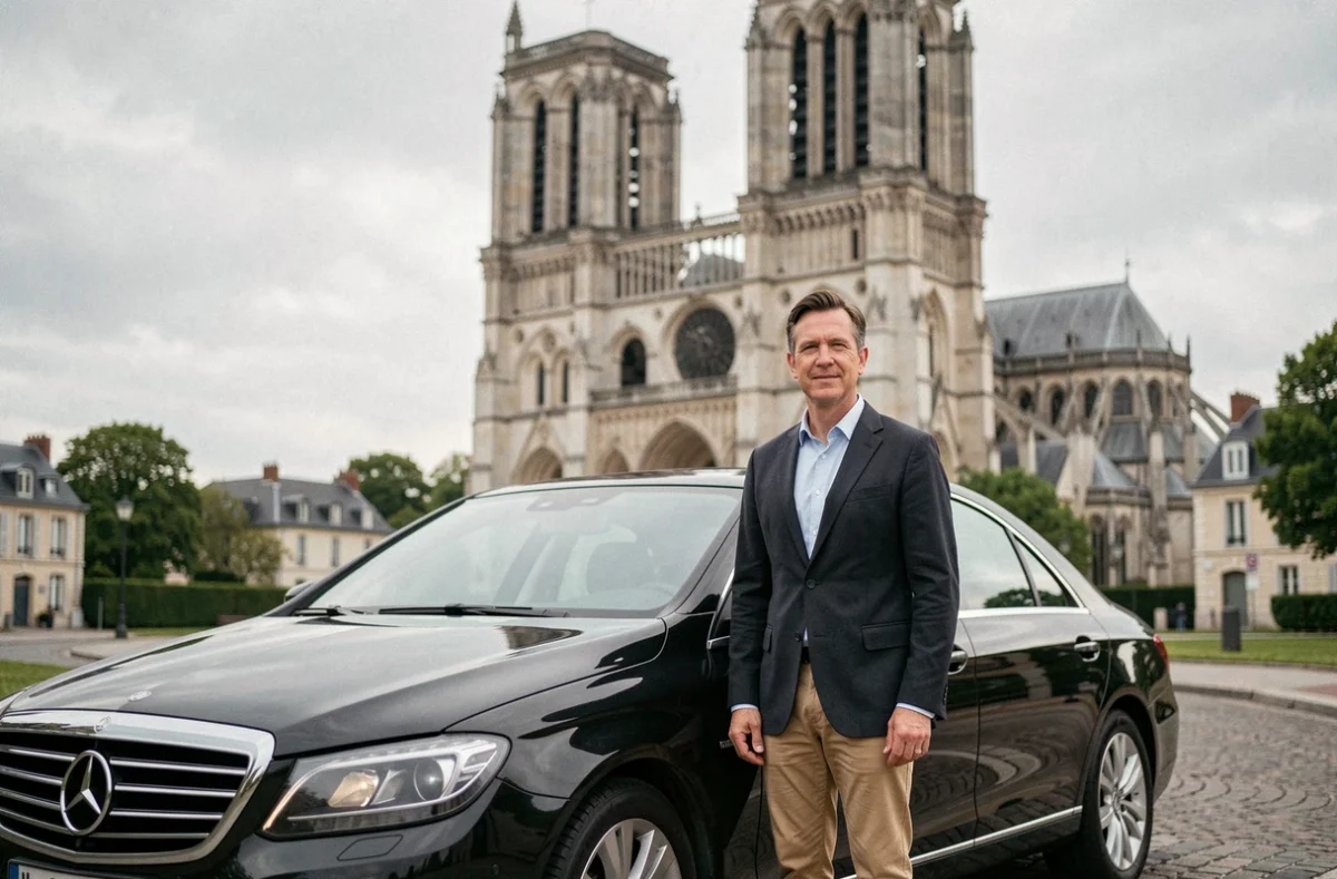 Chauffeur VTC Chartrain en veste sombre debout à côté d'une berline noire avec la Cathédrale de Chartres en arrière-plan