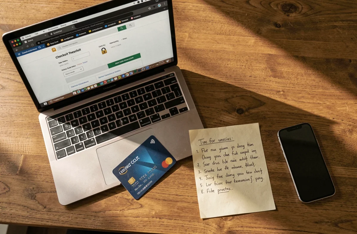 Vue aérienne d'un bureau avec ordinateur portable affichant une page de paiement sécurisé et une carte bancaire