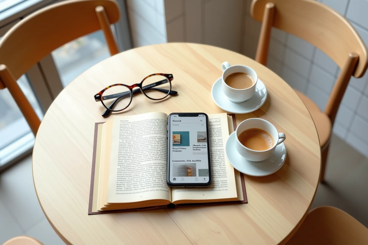 Vue de dessus d'un livre ouvert, d'un smartphone affichant un site de téléchargement de livres et d'un café expresso sur une table en chêne