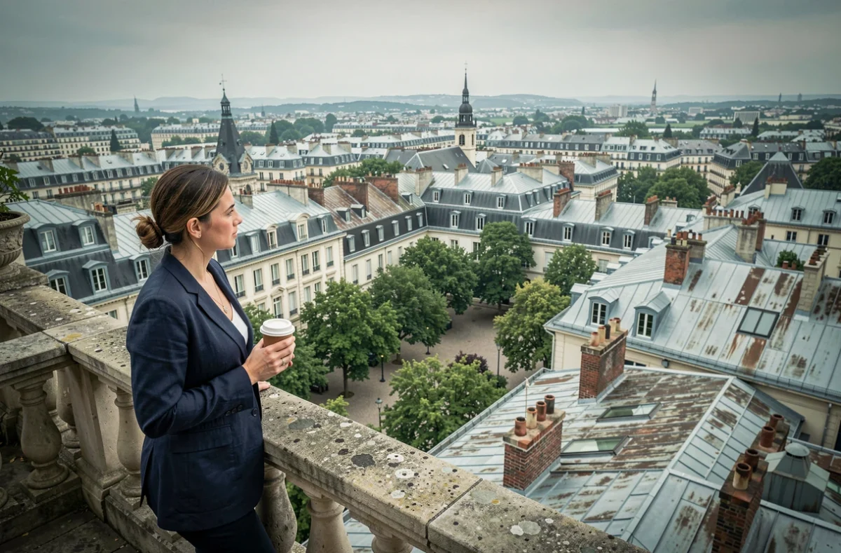 Femme en blazer marine sur un toit avec vue panoramique sur les toits d'un faubourg parisien et ses cheminées